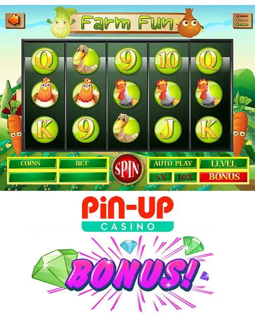 Слот Farm Fun на екрані знизу банер Pin-Up Casino Bonus із написом BONUS та зображенням діамантів