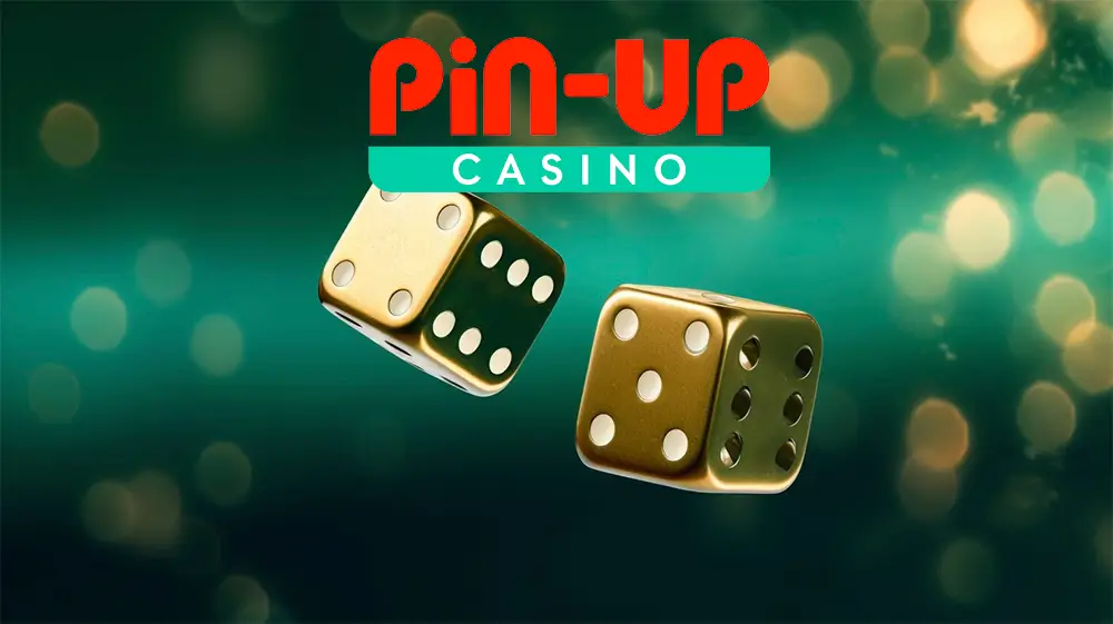 Два золоті гральні кубики на зеленому фоні з логотипом Pin-Up Casino