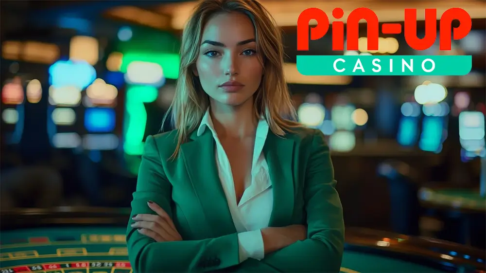 Жінка в зеленому піджаку стоїть біля столу рулетки в залі казино з логотипом Pin-Up Casino у верхньому куті